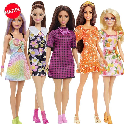 Original Mattel Barbie Fashionistas Doll Floral Dress with Sweet Casual Clothes and Accessories Toys for Girls Collection Gift.