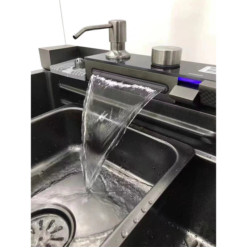 Whale sink kitchen single bowl nano black honeycomb LED digital display flying rain stainless steel large single bowl sink