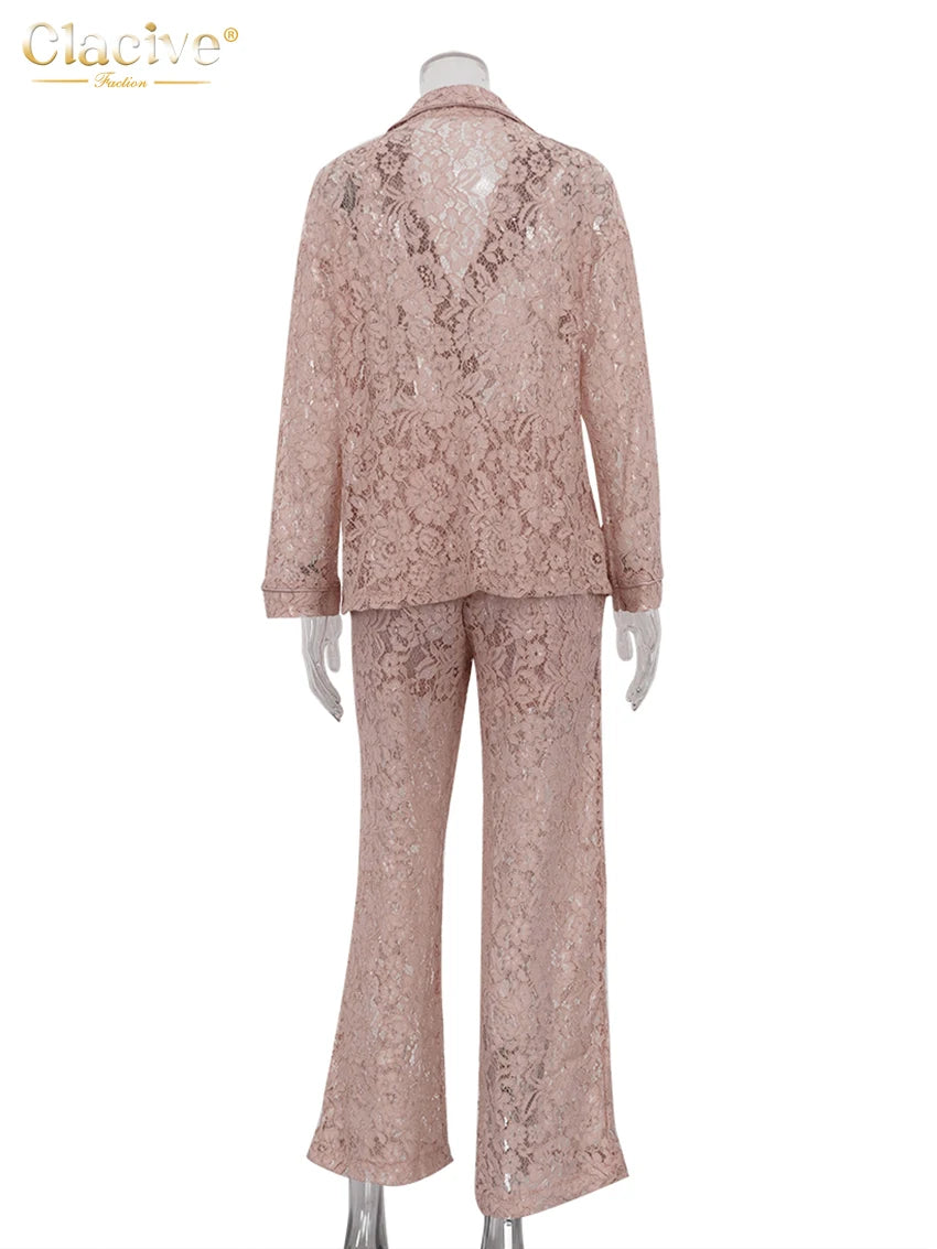 Clacive Sexy Loose Black Lace See Through Trousers Sets Women 2 Pieces Fashion Long Sleeve Shirt With High Waist Wide Pants Set.