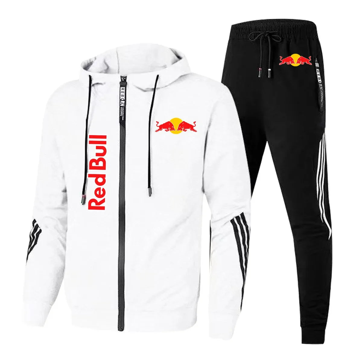 2025 Red Bull Brand Logo Printed Men's Zipper Hoodie With Casual Trousers Cycling Sports Two-piece Solid Color Simple Men's Suit.
