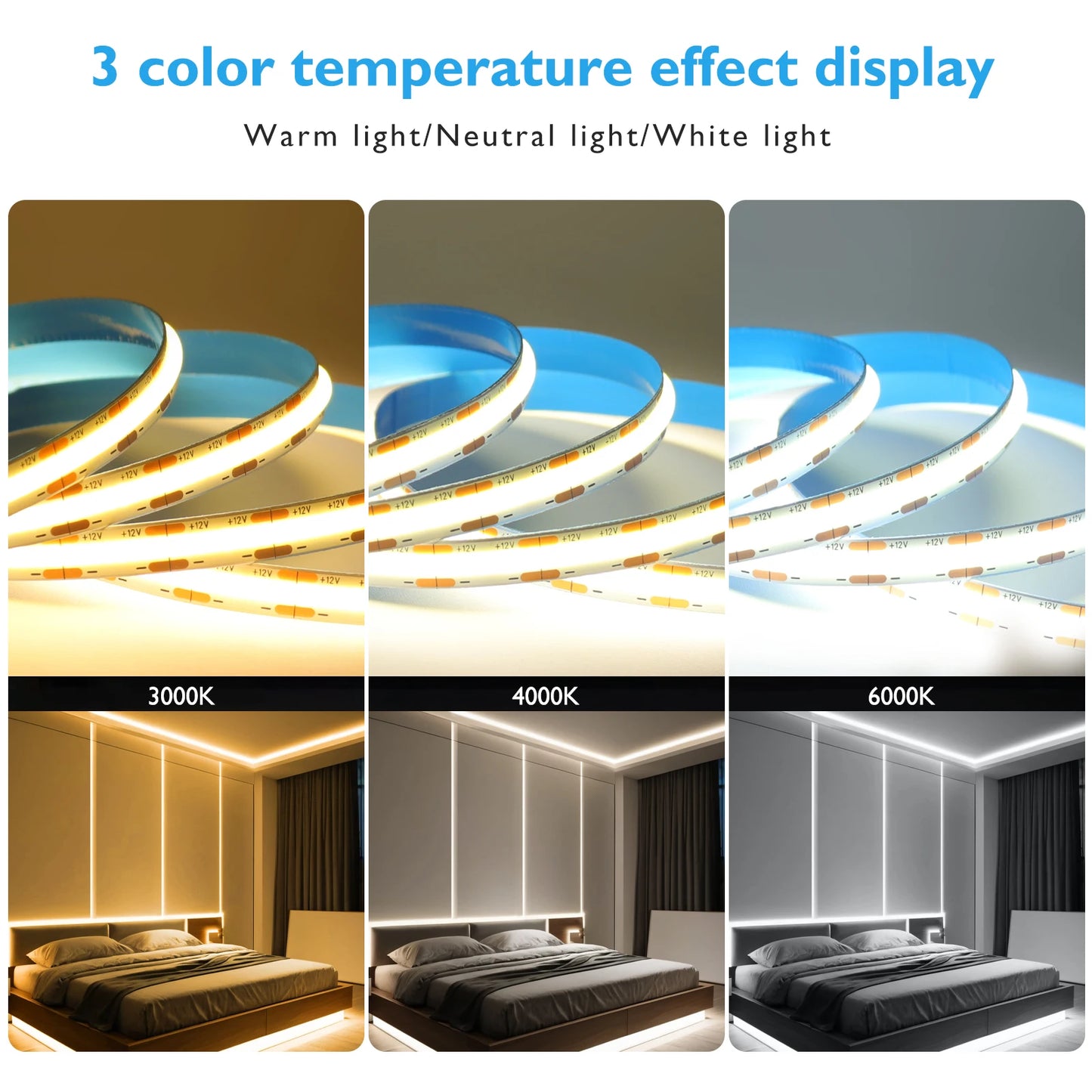 DC12 24V COB LED Strip Light 528Leds/m Flexible Tape Ribbon High Density Linear Lighting 3000-6500K RA90 Led Lights Room Decor.