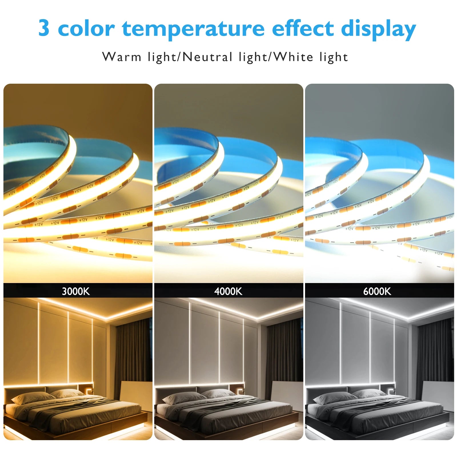 DC12 24V COB LED Strip Light 528Leds/m Flexible Tape Ribbon High Density Linear Lighting 3000-6500K RA90 Led Lights Room Decor.