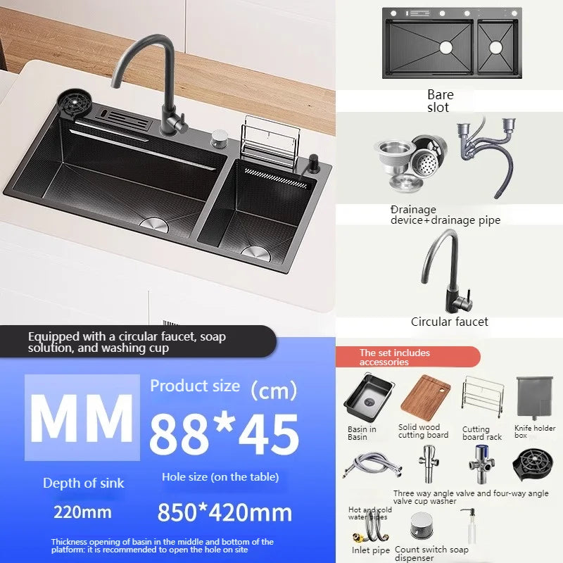 Stainless Steel Kitchen Sink Large Double Slot Waterfall Outlet Convenient for Dish and Vegetable Washbasin