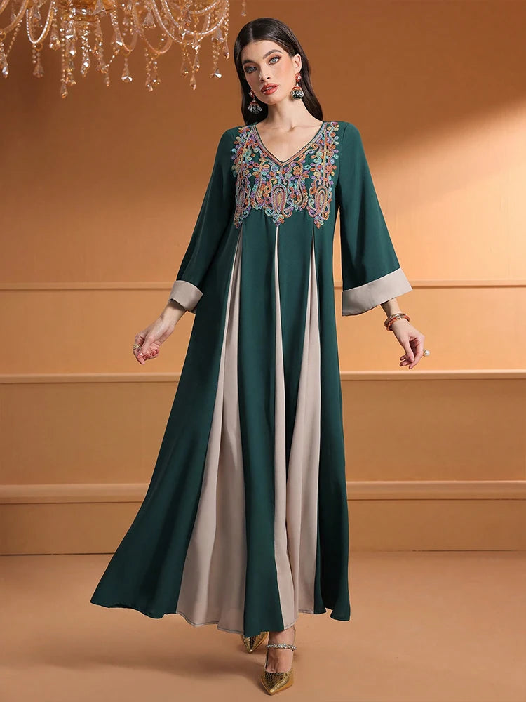 TOLEEN Damen Knöchellange Kleider Eid Al-Fitr Muslim Lose Applizierte V-Ausschnitt Langarm Damen Robe Islamisches Dubai ElegantDress.