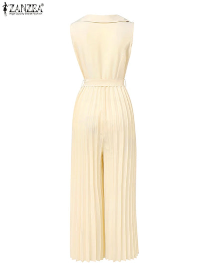 Fashion Women Jumpsuits 2025 ZANZEA Summer Rompers Elegant Wide Leg Work OL Overalls V Neck Sleeveless Pleated Playsuit Trousers.