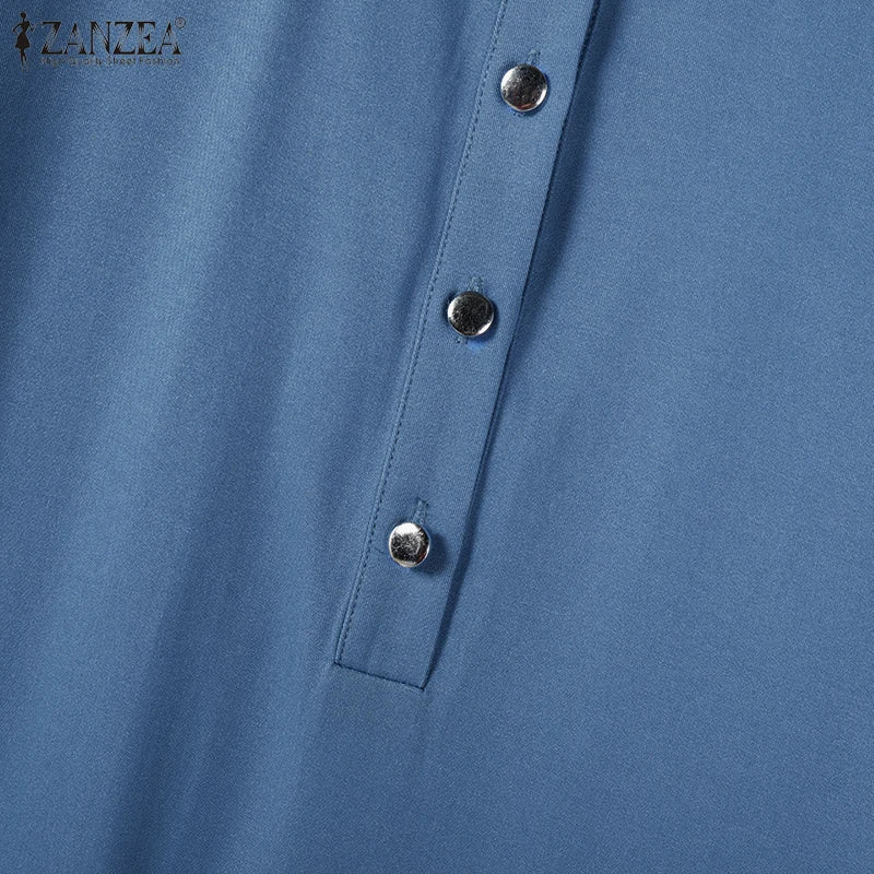 ZANZEA Muslim Women's Maxi Dress Islamic Hijab O Neck Half-Button Denim Blue Abaya Holiday Lantern Sleeve Loose Casual Vestidos