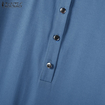 ZANZEA Muslim Women's Maxi Dress Islamic Hijab O Neck Half-Button Denim Blue Abaya Holiday Lantern Sleeve Loose Casual Vestidos