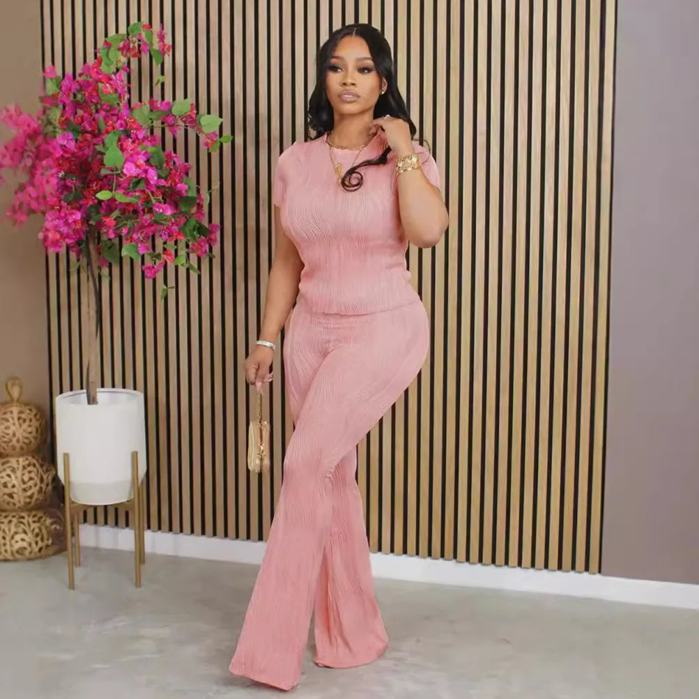 Two Piece Sets Women Pants Set Matching Sets Short Sleeve Solid Casual Tops Long Pants High Waist Bodycon Y2k Streetwear 2025.