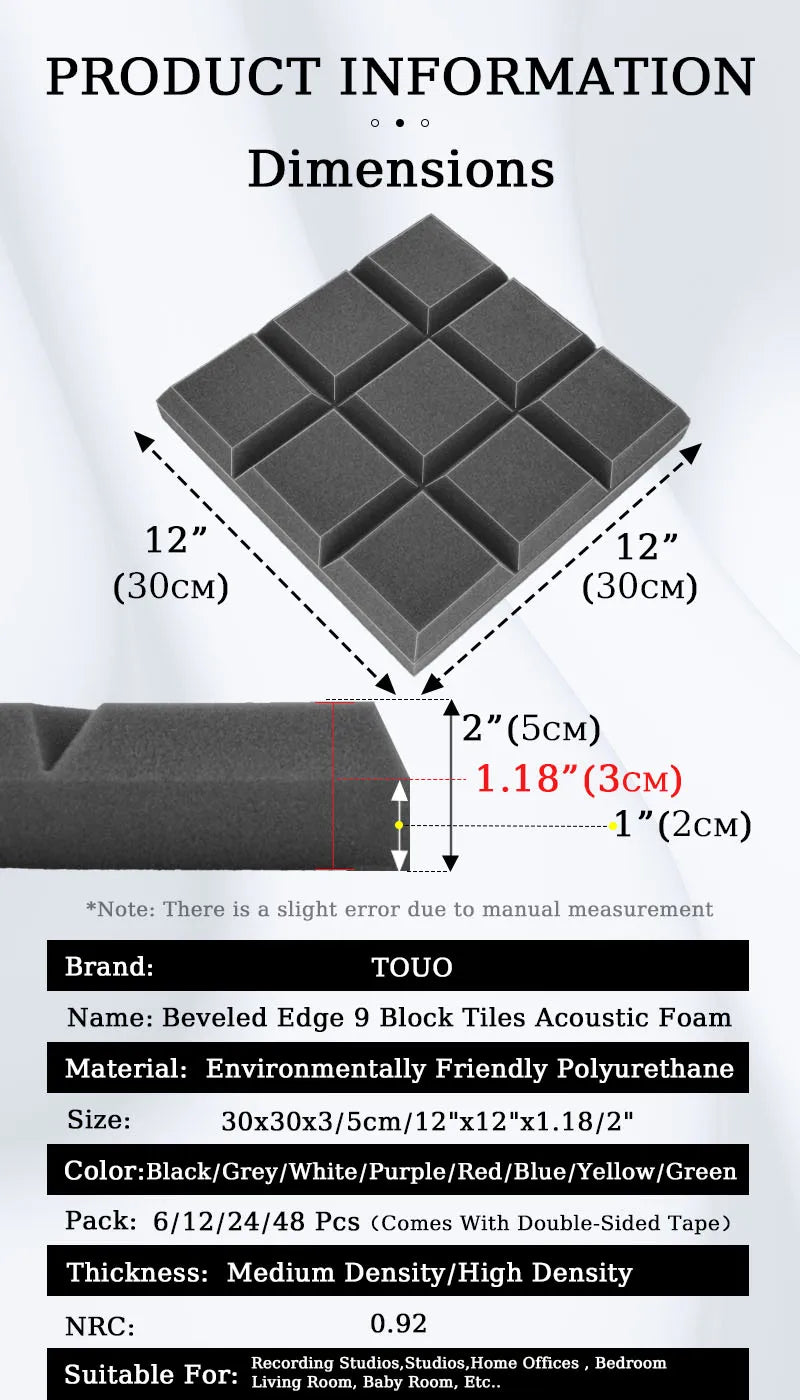 TOUO 6/12/24 Pcs Beveled Edge 9 Block Tiles Acoustic Foam Flame Retardant Soundproof Material Drum Room Acoustic Treatment