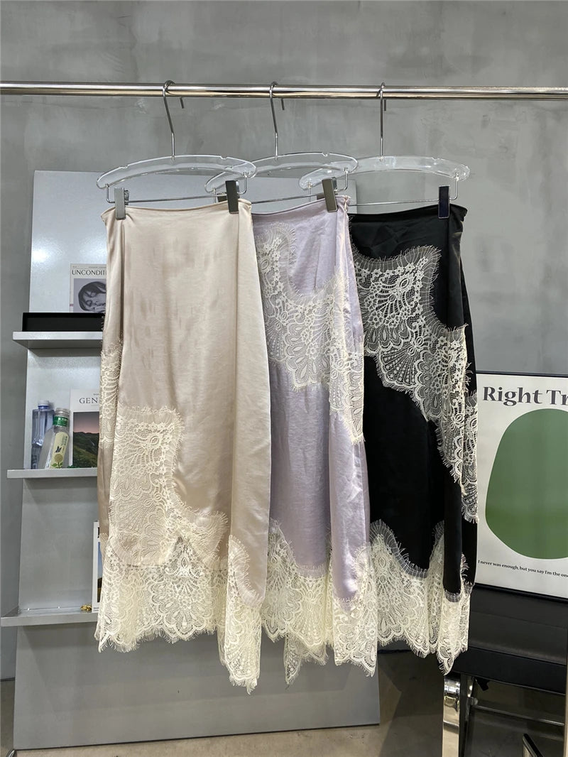 High-End Retro Satin Lace Stitching Skirt Women's 2024 Summer High Waist Slimming Court Style Temperament Mid-Length Skirt.