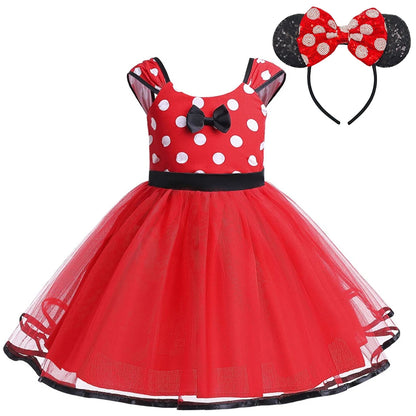 Disney Minnie Maus Polka Dot Kleid Mädchen Rosa Rot Sommer Kleidung Kinder Geburtstag Karneval Weihnachten Party Bogen Mesh Kleid Kostüme