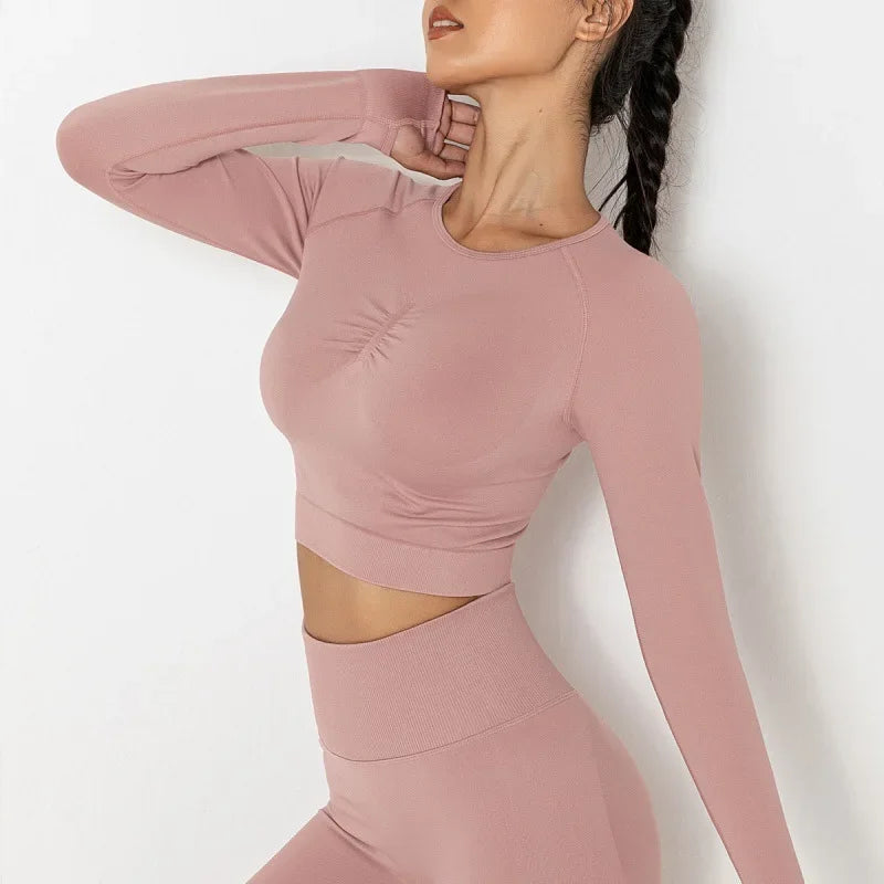 New Seamless Solid Color Peach Tight-fitting T-shirt Fitness Sport Yoga Wear Moisture Absorbing Shaping Long Sleeve Women's.