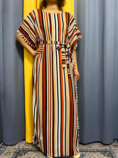 Abayas For Women 2024 Printed Vertical Stripe Tassels Elasticity Loose Fit Femme Robe African Woman Dresses With Belt Headscarf
