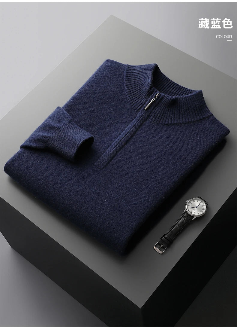 New Half Turtleneck Zipper Men's Pullover 100% Cashmere Sweater Solid Color Casual Versatile Wool Sweater Men's Clothing.