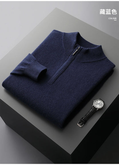 New Half Turtleneck Zipper Men's Pullover 100% Cashmere Sweater Solid Color Casual Versatile Wool Sweater Men's Clothing.