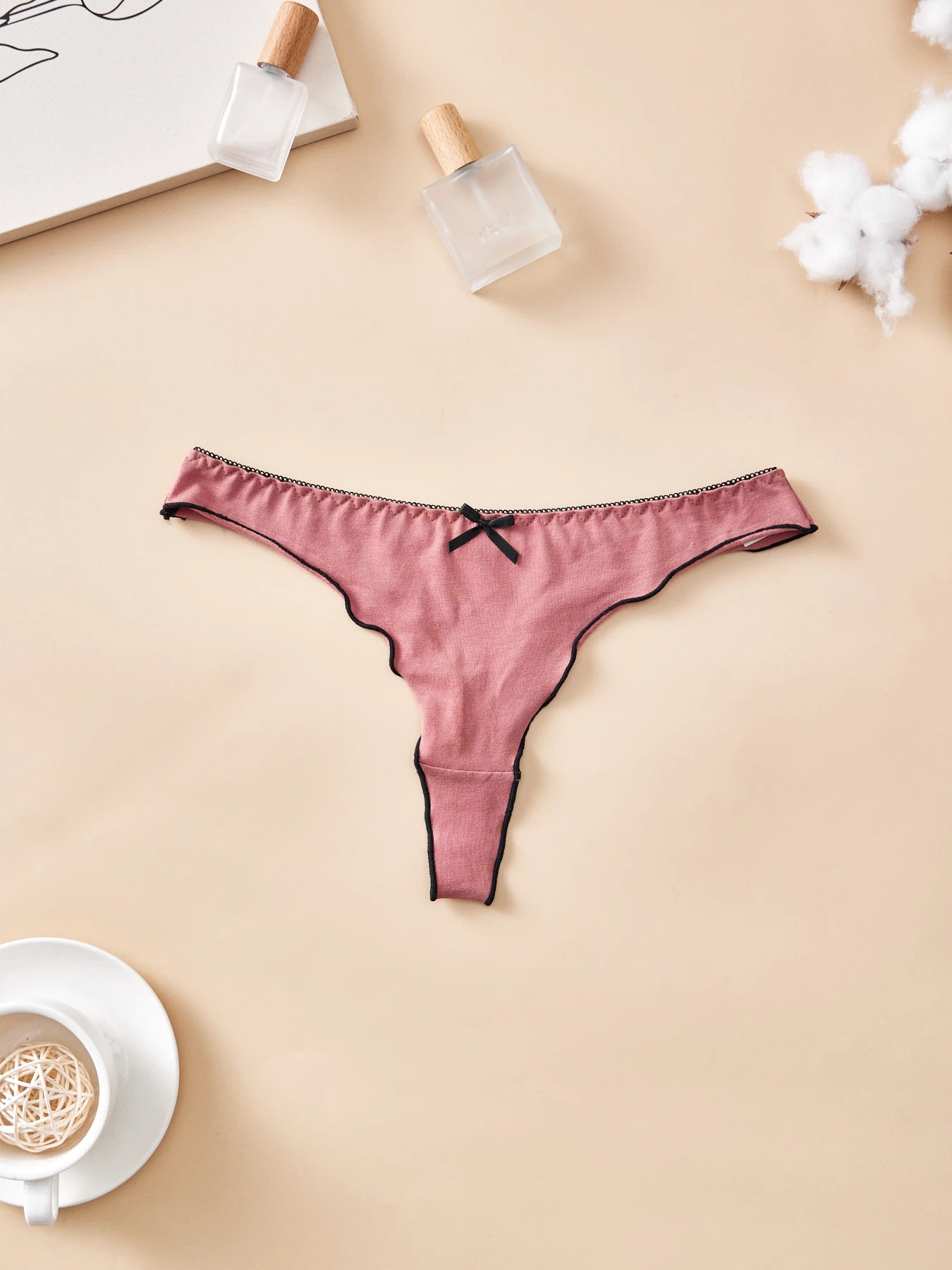 4pcs women's cotton solid color thong sexy comfortable women's underwear daily breathable T-back knitted bow cute girl low-waist.
