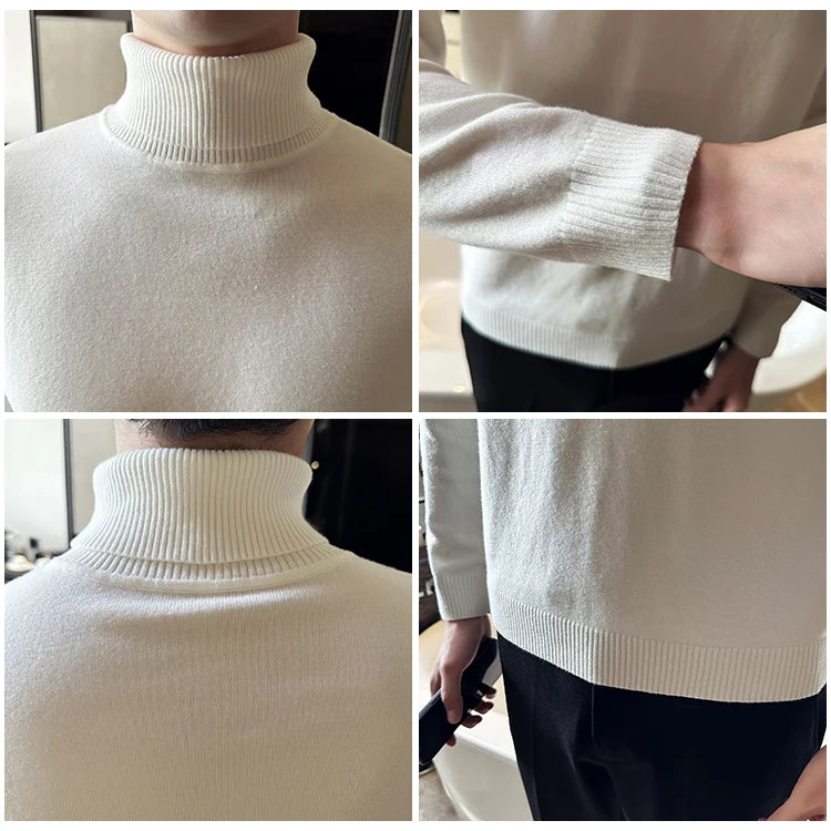 Korean Fashion Autumn Winter Sweaters Men Pullovers Fleece Turtleneck Knitted Sweatshirt Warm Bottoming Shirts.