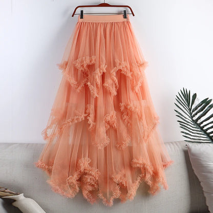 Autumn Winter New 2025 Irregular Cake Tulle Skirt Women Sweet Midi Long High Waist A Line Skirt Female Mesh Party Skirt Lady