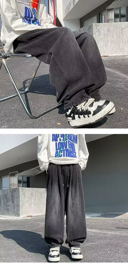 2024 New Trendy Wide-Leg Jeans Men's Loose-Fit Straight-Leg Casual Long Pants Vintage Washing Distressed Style.