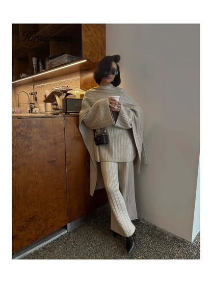 Hirsionsan Soft Elegant Vintage Women Suits 3 Pieces Female Sets O Neck Sweater & Wild Leg Pants with Scarf Knitted TrackSuit.