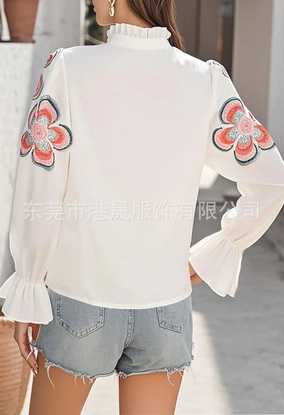 New Fashion American European Women's Printed Casual Trendy Loose V-neck Long Puff Sleeve Simple Basic Shirts Female Clothes.