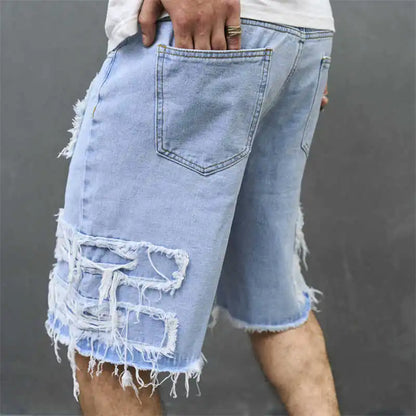 Denim Hole Knee Length Men Washed Jean Mid Waist Spliced Ripped Pockets Loose Fit Distressed Straight Pants 2024 Casual.