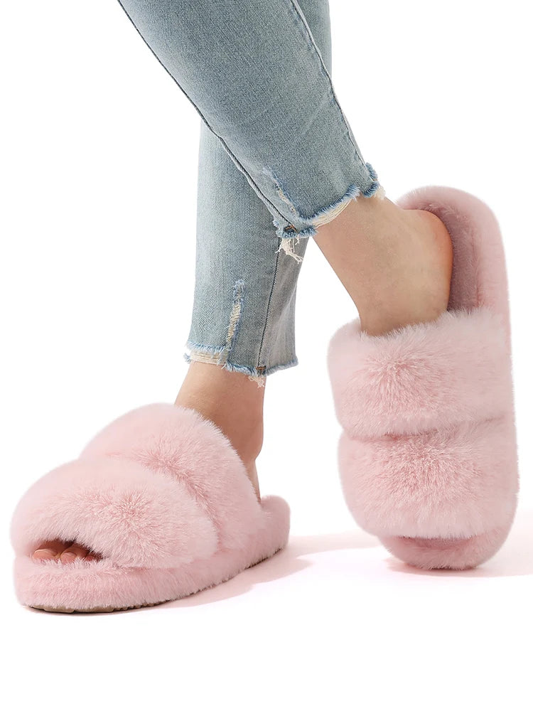 Evshine New Open Toe Fluffy Slippers Indoor Warm Fur Female Slides Fashion Plush Women House Shoes Women Winter Fuzzy Slippers.