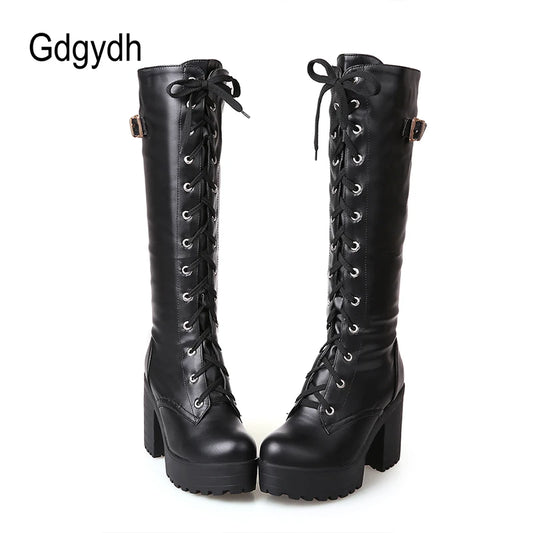 Gdgydh Hot Sale Spring Autumn Lacing Knee High Boots Women Fashion White Square Heel Woman Leather Shoes Winter PU Large Size 43.