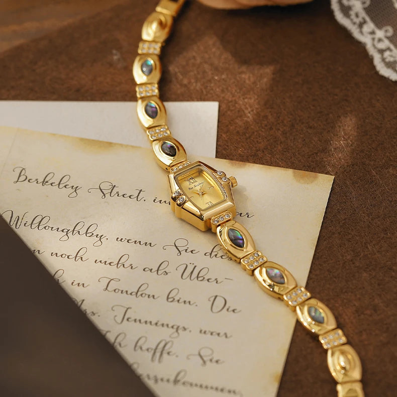 BS New Natural Black Gold Abalone Shell French Vintage Design Watch Woman Elegant Luxury Tonneau Dial Quartz Women's Watches.