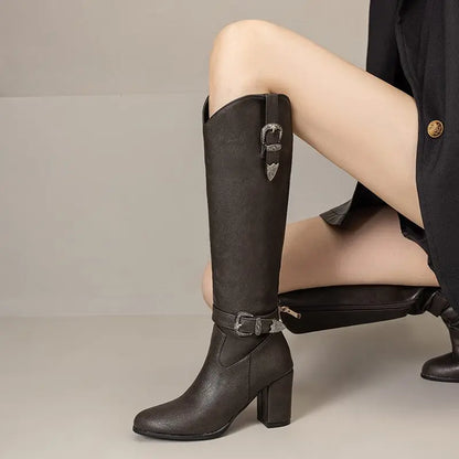 Girseaby British Style Women Knee High Boots Round Toe Block Heel 7.5cm Zipper Plus Size 51 52 Fashion Riding Bota