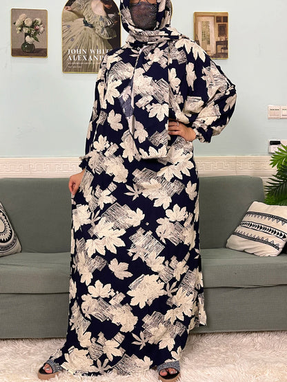 Muslim Cotton Abayas For Women Traditional Floral Ramadan Prayer Garment African Caftan Marocain Femme Robe Connected Headscarf