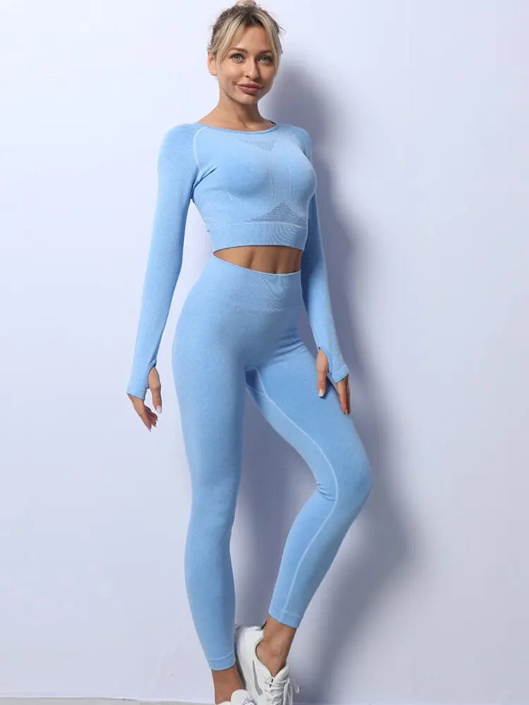 Women Yoga 2 Pieces Workout Outfits Seamless High Waist Leggings Sports Crop Top Running Clothes Sets