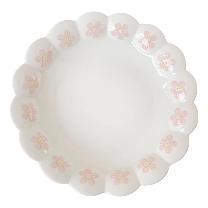 Irregular Ceramic Kitchen Tableware Lovely Pink Petal Household Ceramic Dinner Plate Lace Soup Plate  Deep Fruit Plate.