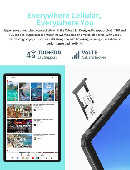 ODEA S11 Android 14 Tablet with 11" IPS 1920x1200 T606 8 Core CPU Max 16GB RAM 256GB ROM 4G LTE type C 8000mAh Widevine L1.