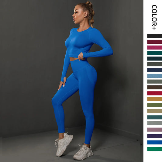 2Pcs Women Sets Energy Seamless Gym Suits Bubble Butt Sports Pants+Long Sleeve Shirts Push Up Running Sets Tracksuits Tights Set.