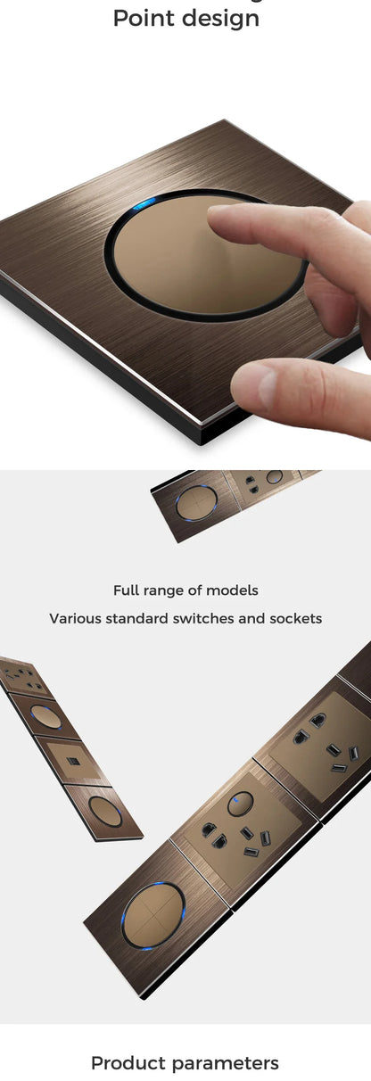 YINKA Schaltersteckdose, Aluminium, gebürstetes braunes Panel mit LED-Anzeige, EU-Steckdose, Schalttafel, elektrischer Lichtschalter, AC110–250 V, NET.