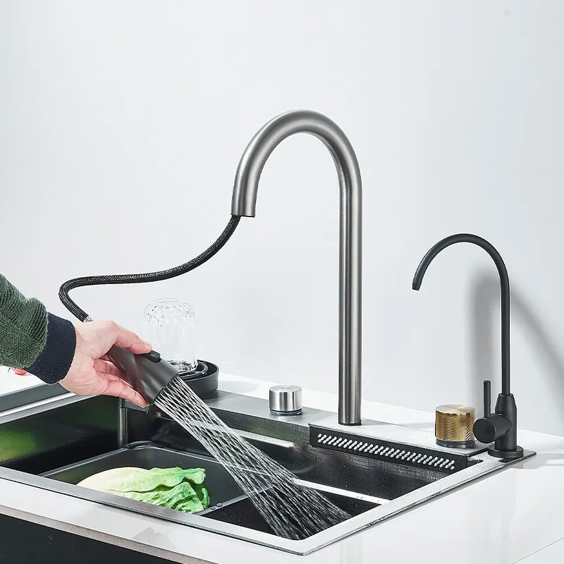 304 Stainless Steel Waterfall Kitchen Sink Large Single Slot with Chopping Board Cup Washer