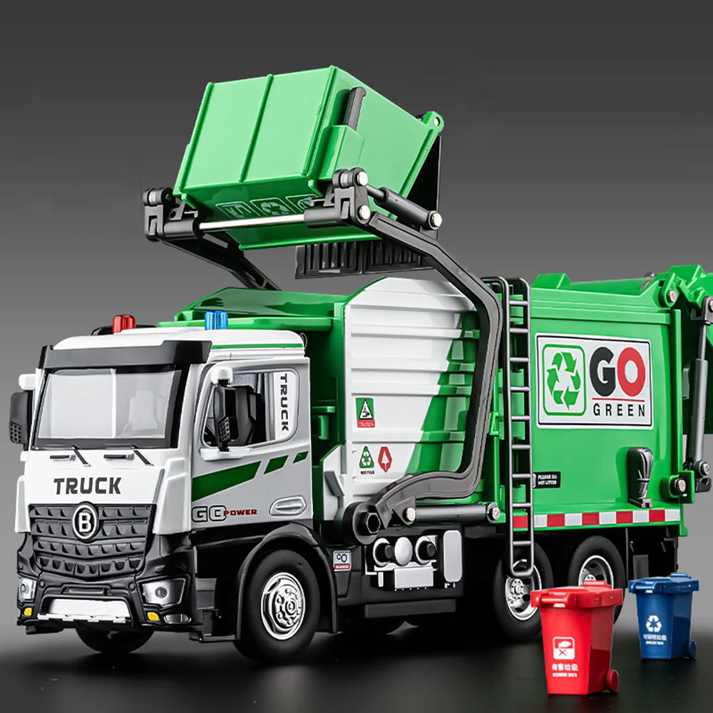 1:18 Electric Sanitation Garbage Truck Toy Cars Model Alloy Water Tanker Diecast Light Sound Vehicle Children's Educational Toys.