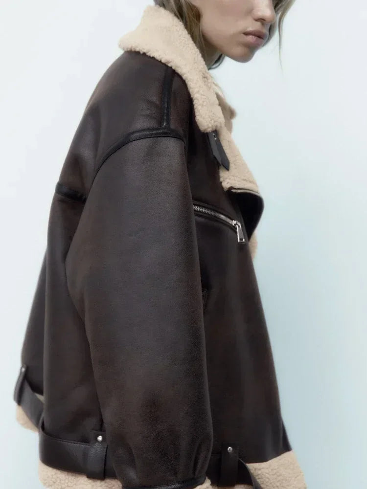 Frau dicke warme doppelseitige Faux Shear ling Jacke Herbst Winter neue Revers Langarm Gürtel Saum Reiß verschluss weibliche Oberbekleidung