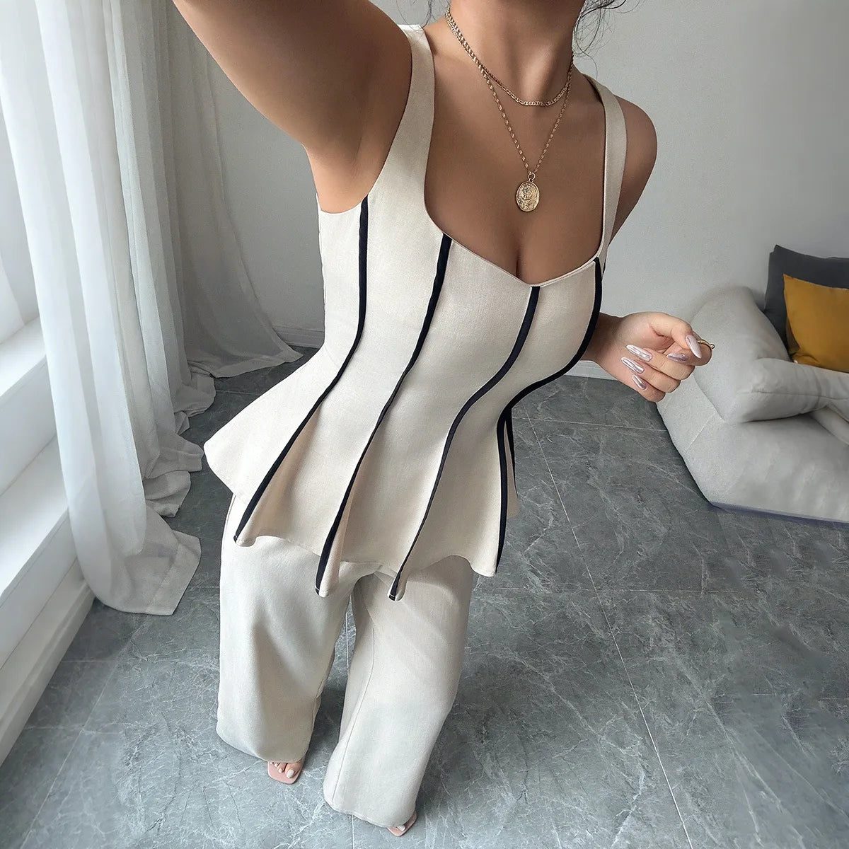 Two Piece Sets Women Pant Set Sleeveless Matching Sets Ruffles Tops Y2k Streetwear Elegant Work Wide Leg Long Pants High Waist.