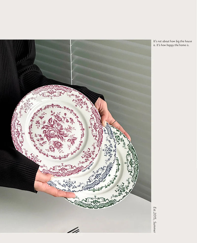 8/10Inch French Vintage Rose Ceramic Plate European Style Dinner Dishe Plates Salad Dessert Dinner Dish Household Art Tableware.