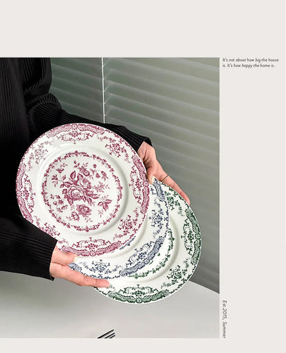 8/10Inch French Vintage Rose Ceramic Plate European Style Dinner Dishe Plates Salad Dessert Dinner Dish Household Art Tableware.