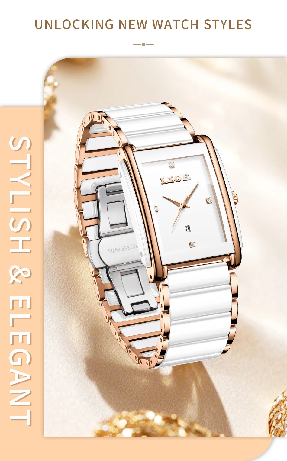 LIGE Fashion Square Quartz Woman Watches Ceramics Elegant Simple Diamond Auto Date Romantic Birthday Gift Leisure Wristwatch New.