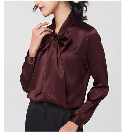 Heavyweight Mulberry Silk Shirt Women's 2025 Spring And Autumn New Long Sleeve Satin Silk Blouse V-neck Bow Ribbon Shirt.