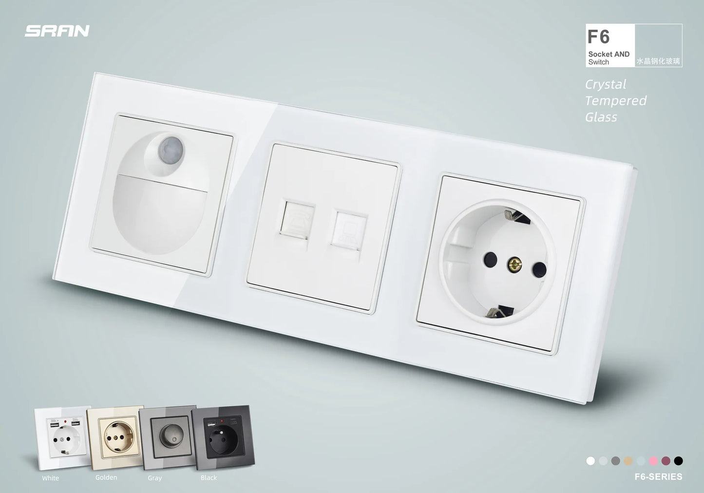 SRAN Eu-Steckdosen 220 V 16 A 82 x 82 mm Glas-Doppel-Dreifach-Wandstecker Russland Spanien Eingebautes Heimbüro.