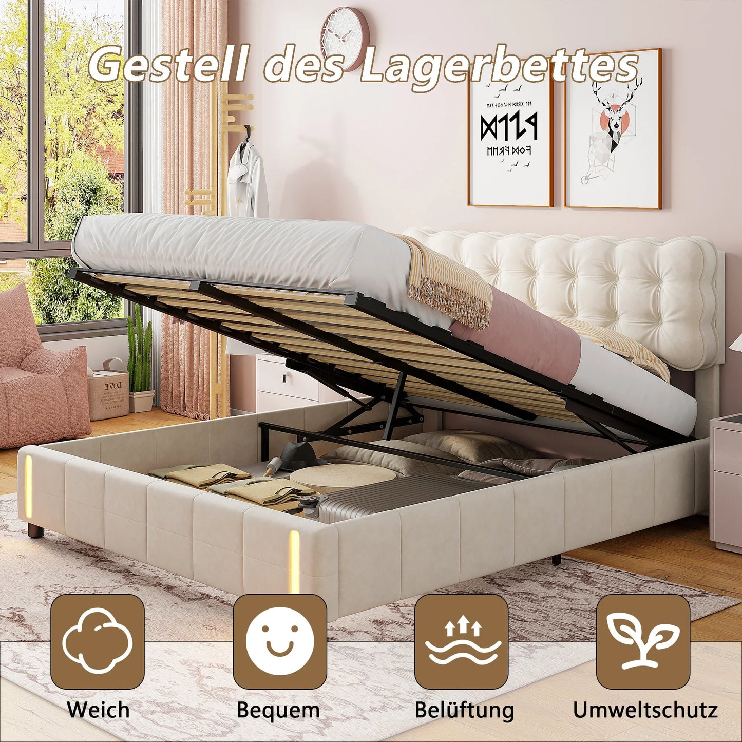 Rosahqnda Polsterbett 160 x 200 cm, Doppelbett mit LED, hydraulisches Stauraumbett, geeignet für Schlafzimmer, Mädchen, Erwachsene, Beige, Samt
