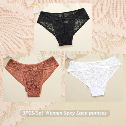 3PCS/Set Women Lace Panties Sexy Low Riase Elastic Brifes Solid Color Perspective Breathable Underwear Ladeis Sexy Lingerie