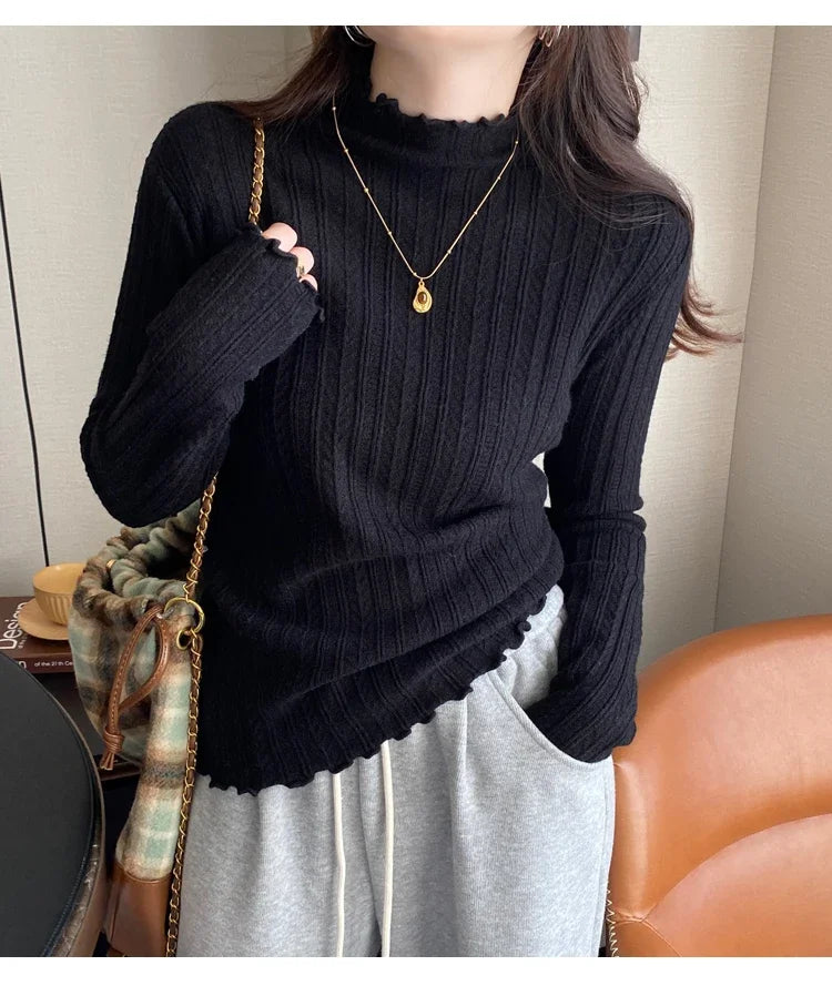 2025 Korea Geraffte Rollkragen Frauen Pullover Herbst Winter Warme Pullover Schlank Tops Gestrickte Pullover Jumper Weiche Pull Weibliche.