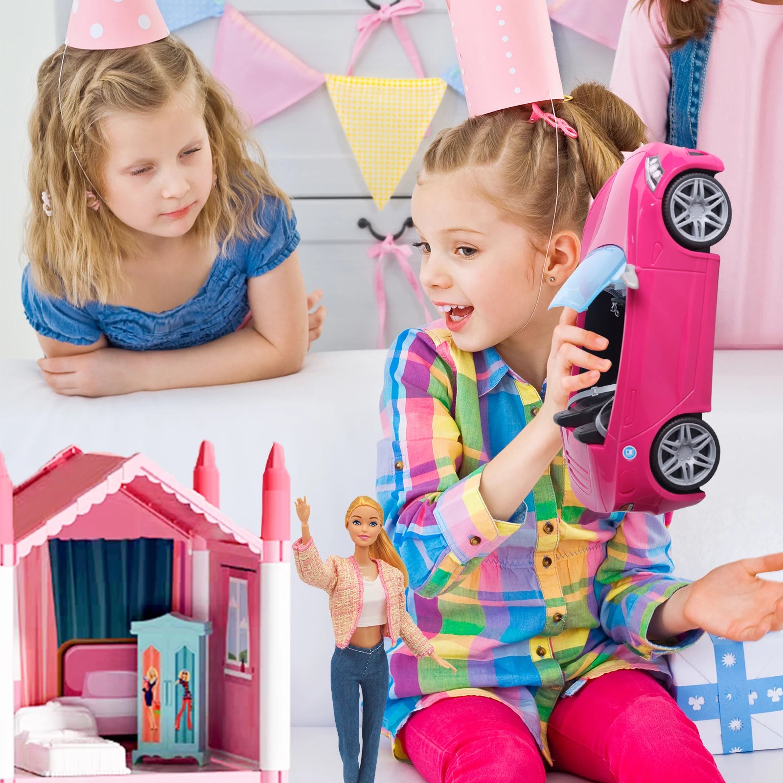 Doll Accessories Toy Car Playset Bright Pink Doll-Sized Convertible with 2 Seats Seatbelts & Rolling Wheels Realistic Details.