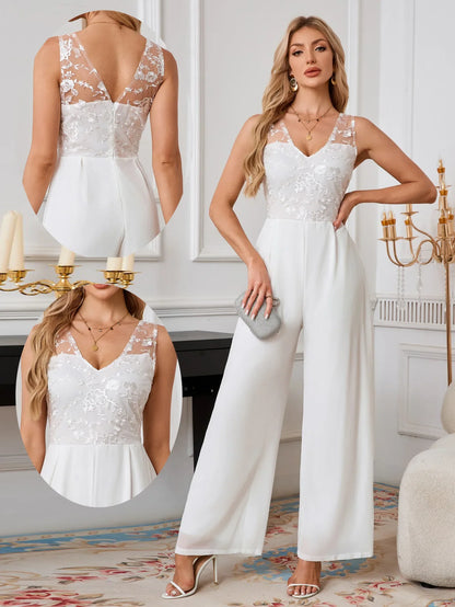 Sexy V-neck White Chiffon Lace Romper Wide Leg Wedding Party Banquet Women's Cross-border Clothing Lace Long Pants.